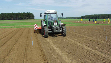 Das Bild zeigt einen Traktor auf einem Feld bei der Ausbringung von Kartoffeln. (Quelle: biosicherheit.de)
