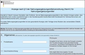 Klick auf das Bild öffnet das Online-Anzeigeformular des BVL für Nahrungsergänzungsmittel