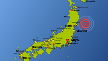 Fukushima (Quelle: Bobo / Fotolia.com) Das Bild zeigt eine Karte von Japan, auf der das Epizentrum des Erdbebens vom 11. März 2011 mit einem roten Kreis markiert ist. (Quelle: Bobo / Fotolia.com)