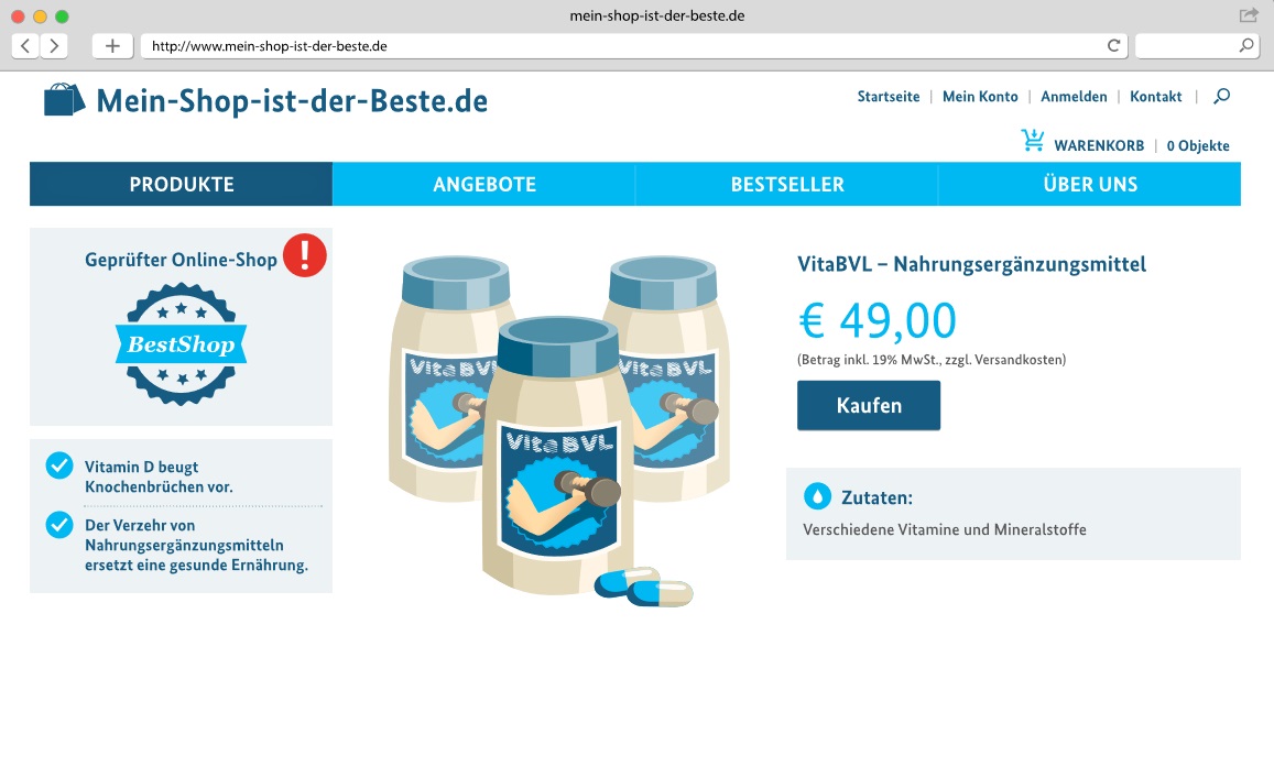 G@zielt (Quelle: BVL) Das Bild zeigt eine Bildschirmseite mit Sicht auf die Website eines fiktiven Onlineshop
